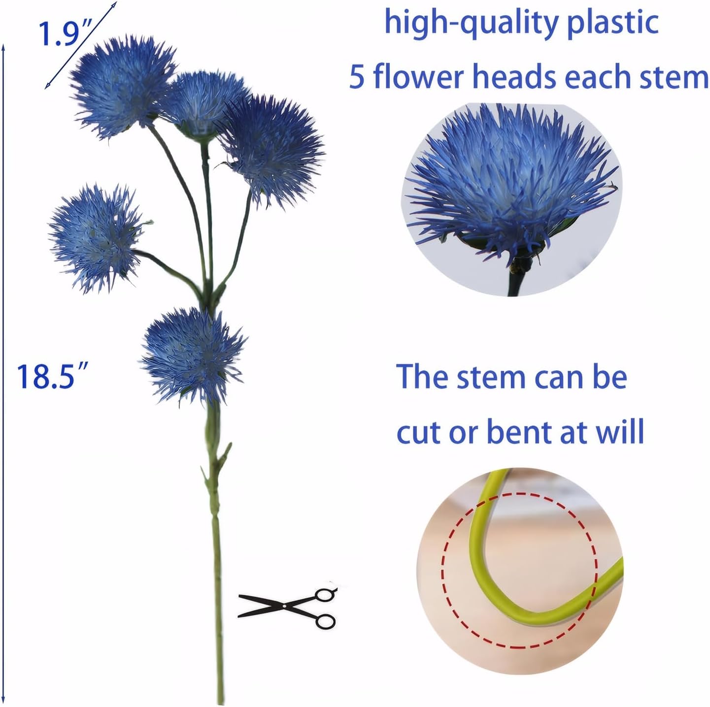 5pcs Artificial Dandelion Flowers 18.5" Blue Fake Echinops Green Plants for Vase Bouquets Home Office Wedding Decor.