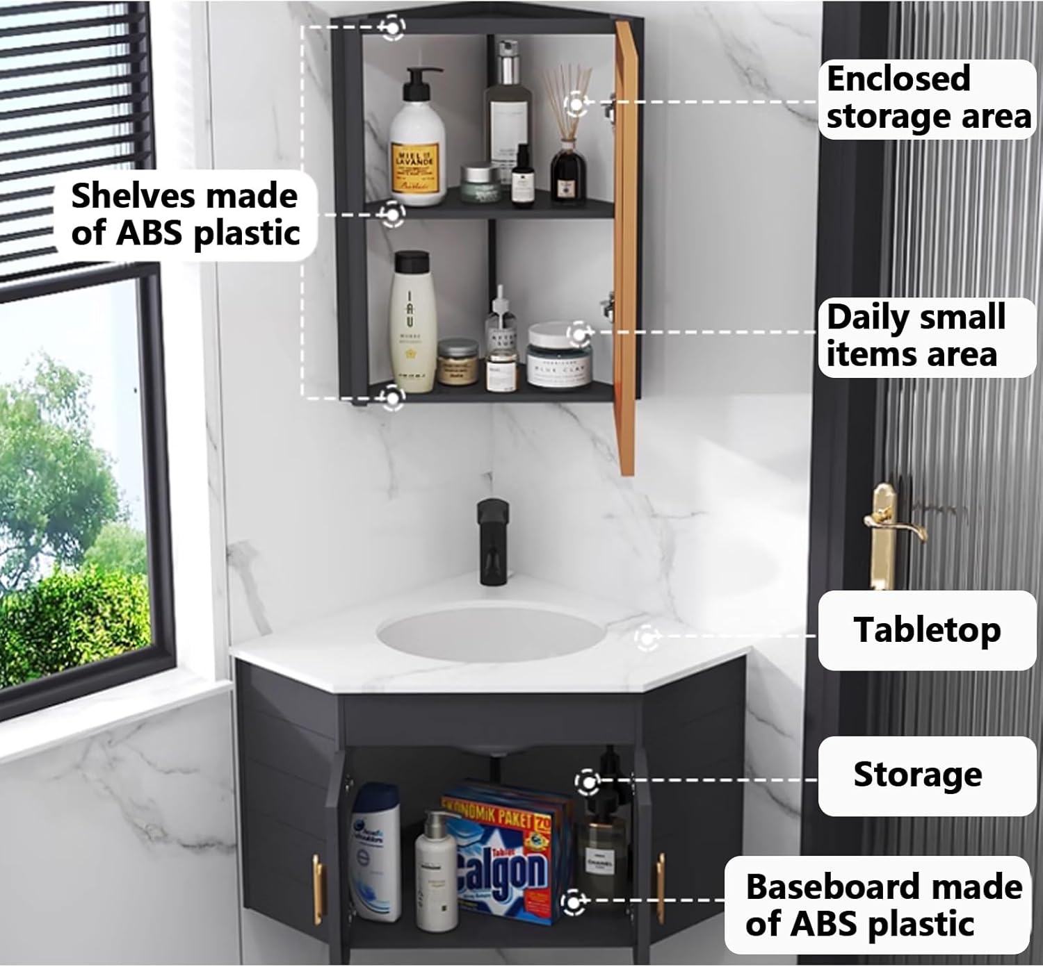 Corner Bathroom Vanity Sink,Small Sink Vanity,Floating Vanity,Small Bathroom Vanity with Sink,Bathroom Cabinet with Faucet and Drain,for Small Space Wall Mounted Floating Cabinet