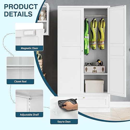 Miniatura 32 de MIIIKO Armario de almacenamiento de ropa de metal, armarios de acero con estantes y barra para colgar, armario de almacenamiento grande de 72 Blanco