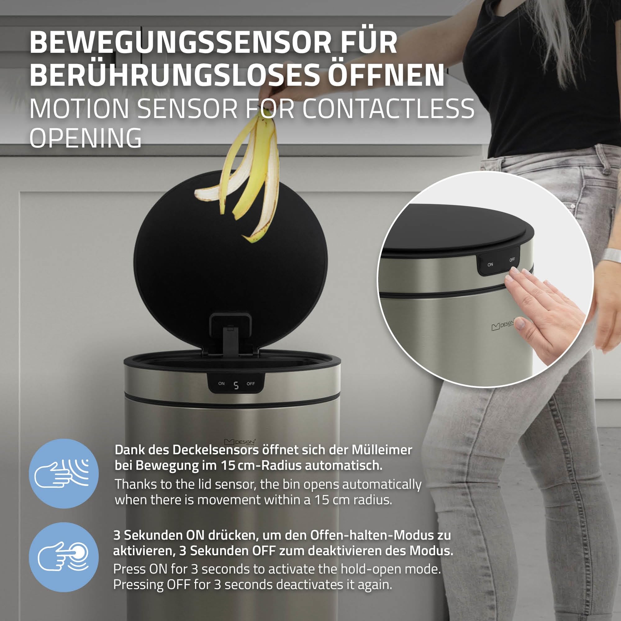 ML-Design Mülleimer mit Sensor 30L rund aus Edelstahl, Silber, Automatisches Öffnen & Schließen, Abfalleimer berührungslos, Klemmring für Müllbeutel, Müllbehälter mit Bewegungssensor für Küche & Büro