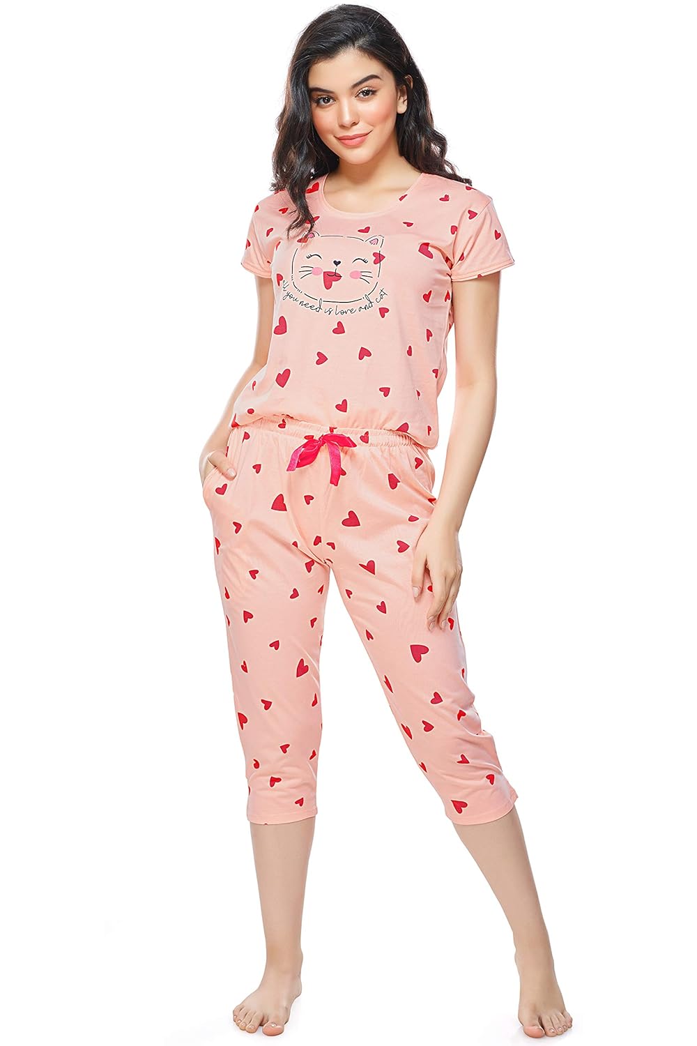 ZEYO Women’s Cotton Heart Printed Night Suit Set – Cute Top & Capri Combo (5233) | Shop Online
