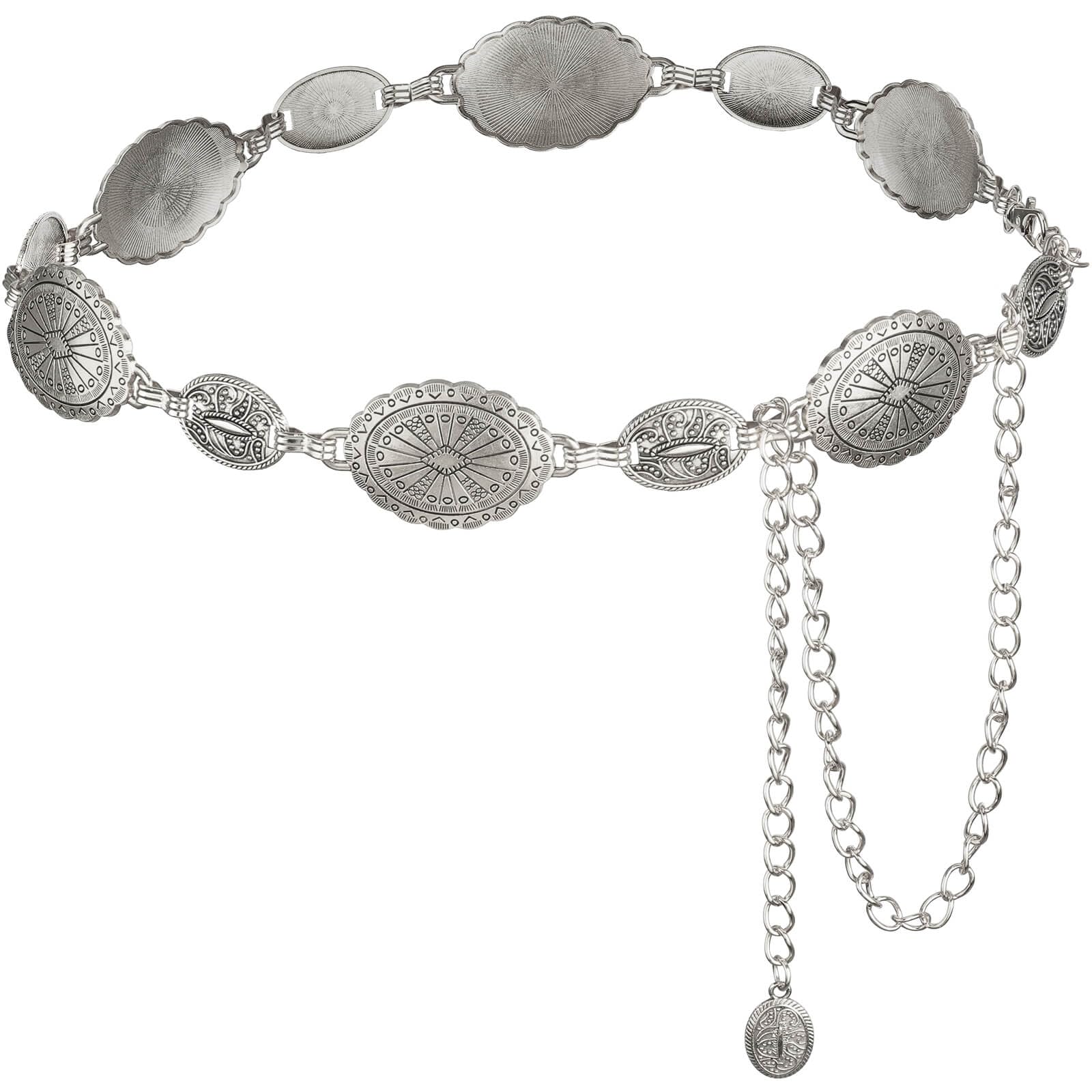 DRESHOW Western Metal Concho Belt for Women Cowgirl Boho Concho Chain Adjustable Silver Vintage Waist Chain for Women for Dresses Jeans Country Concert