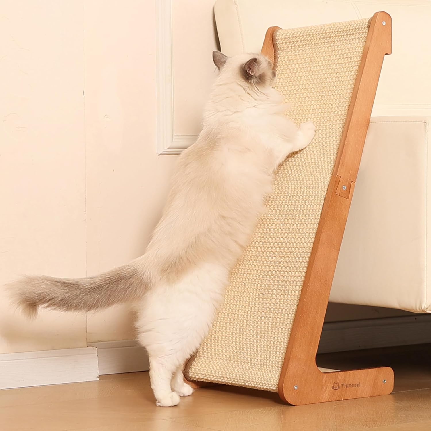 Sisal Cat Scratcher for Indoor Cats, Beechwood Base, Natural Sisal Woven Scratch Pad, Durable Scratching Post, Furniture Protector (L2)