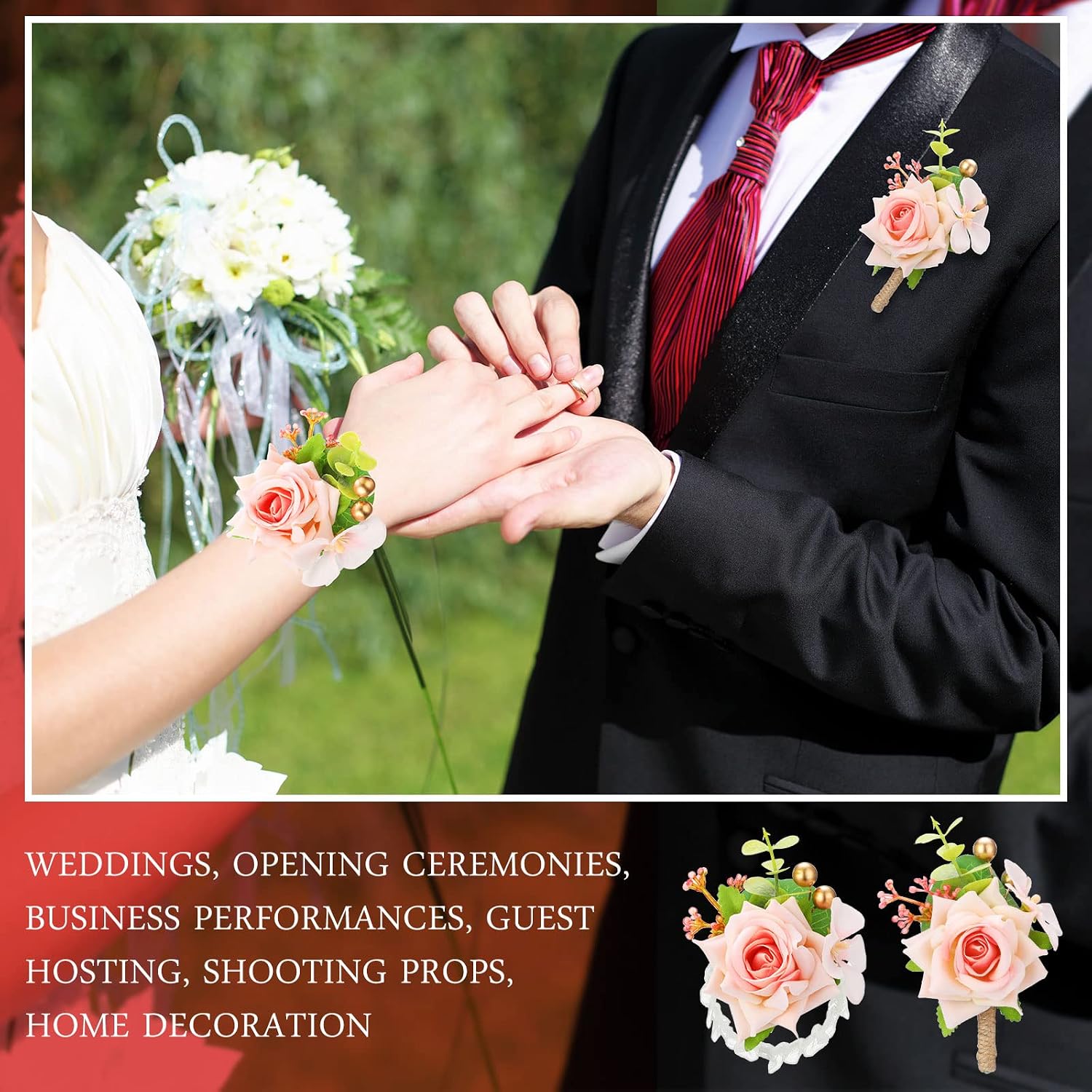 Sherr 20 Pcs Pink Rose Wrist Corsage and Boutonnier Set Wedding Flower Corsage Wristlet Band Bracelet Bridegroom Men's Boutonniere Wristlet Hand Flower for Wedding Bouquets Supplies