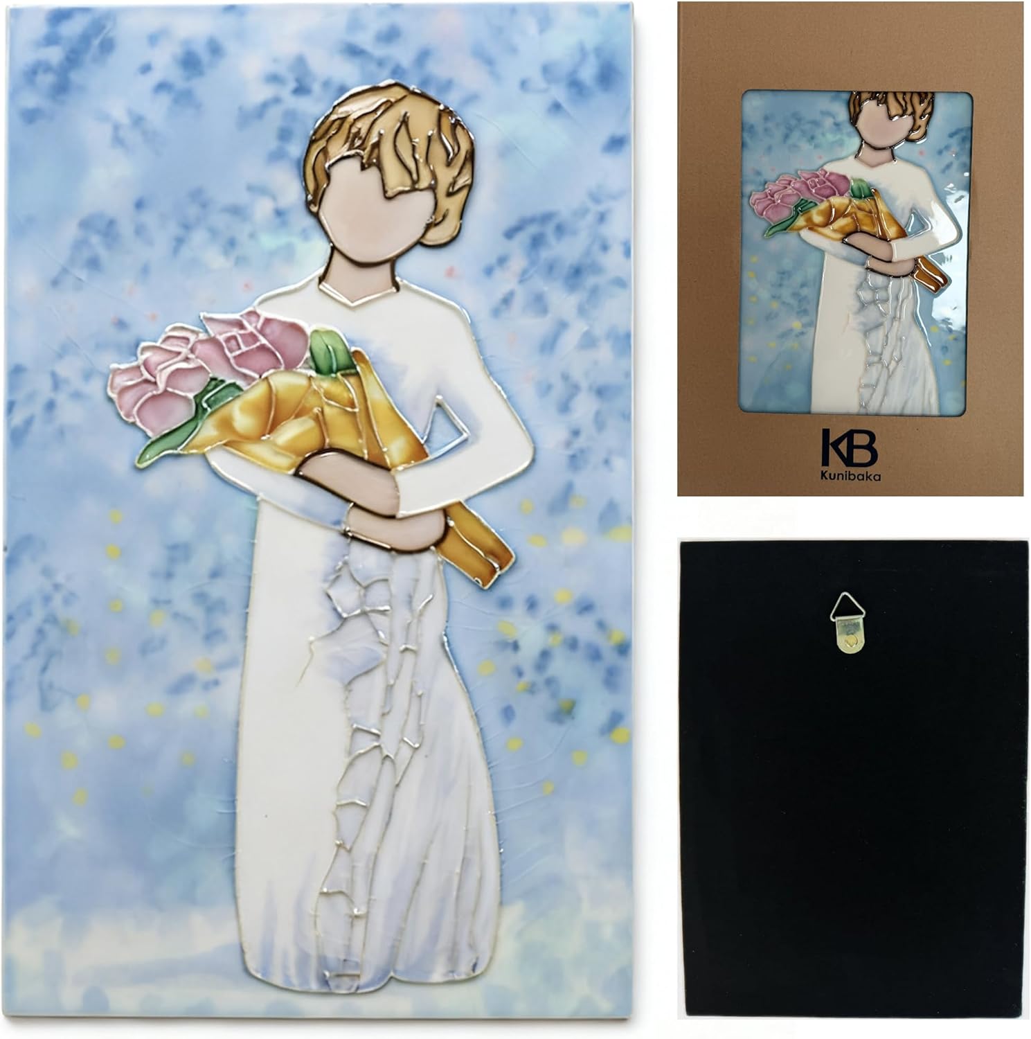 Kunibaka Ceramic Art Decorative Tiles, Handmade 3D Embossed Relief Wall Art, Home Decor Accent for Wall & Tabletop, Unique Gift for Mom Daughter Anniversary Birthday（7.8″x11.8″）