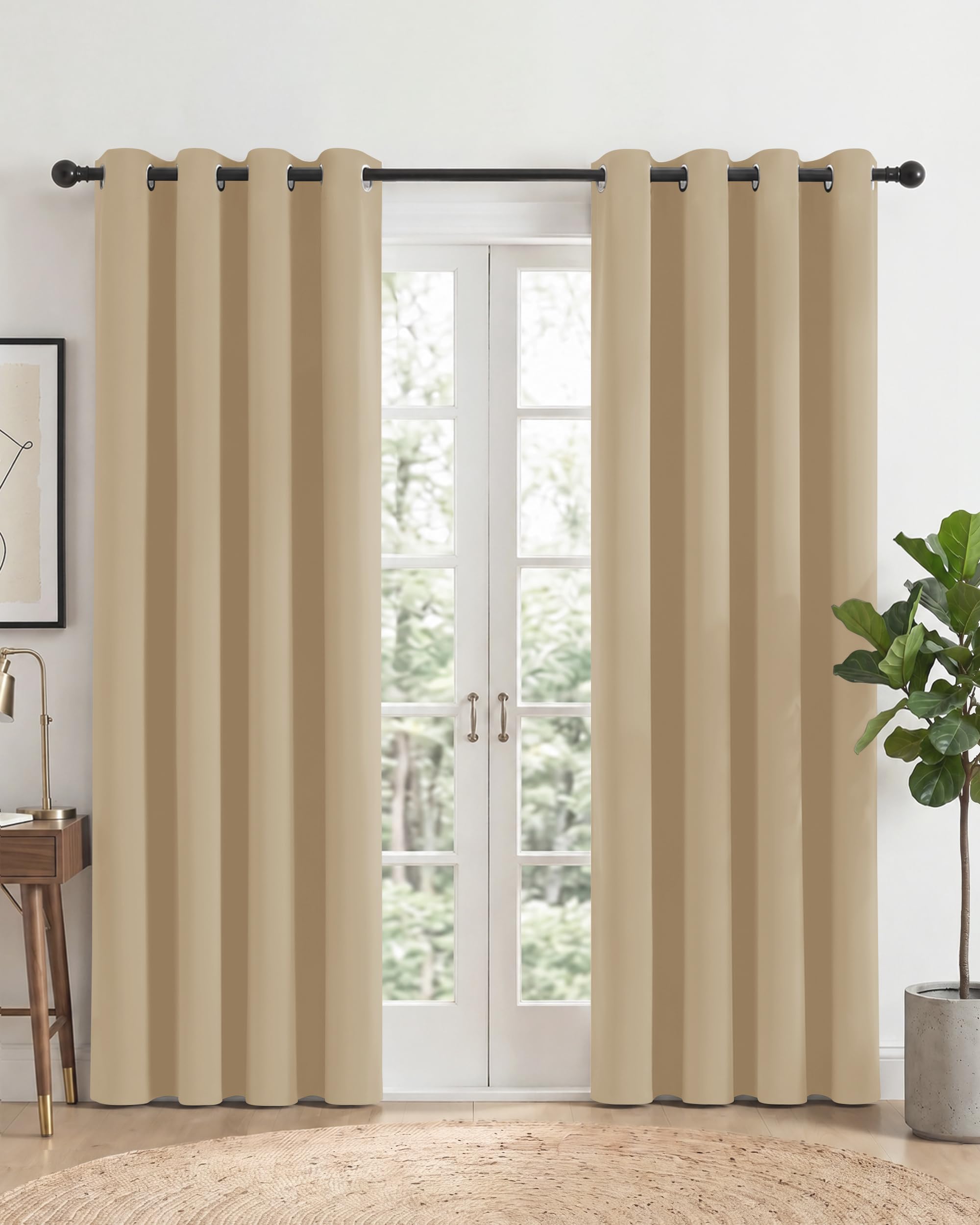 PONY DANCE Biscotti Beige Eyelet Blackout Curtains 2 Panels W52 xL84, Thermal Insulated Room Darkening Drapes for Living Room & Lounge, Classic Energy Saving Privacy Noise Reducing
