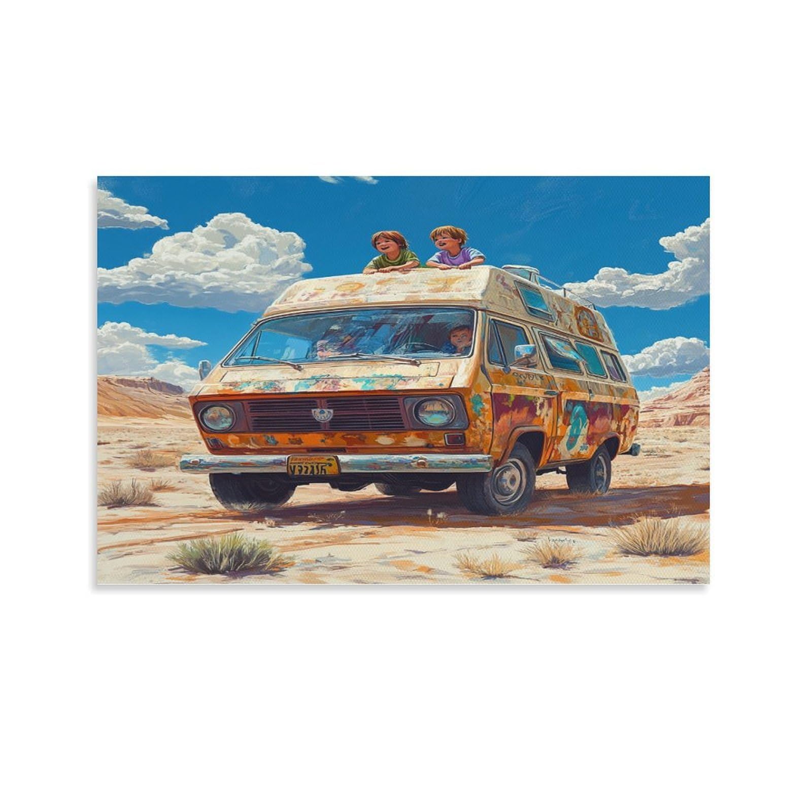 CPLVKWRQJ Vintage Van Single Piece Road Trip Style Framed Wall Art - Living Room Gallery Wall Focal Point Ready to Hang Decor 08x12inch(20x30cm)