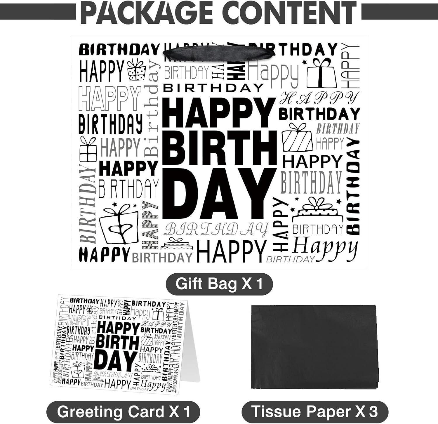 Laidans 13" Large Black and White Happy Birthday Gift Bag with Tissue Paper and Card for Men Women Birthday (Large)