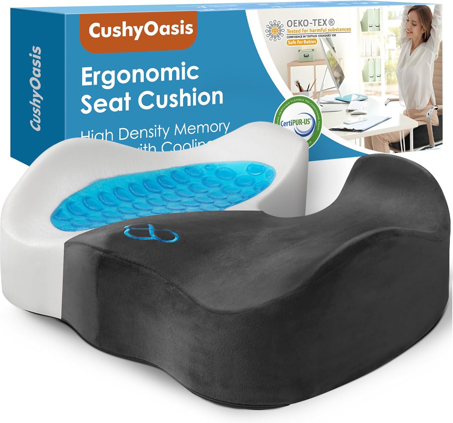 Seat Cushion with Gel Memory Foam, Anti-Slip, Grey