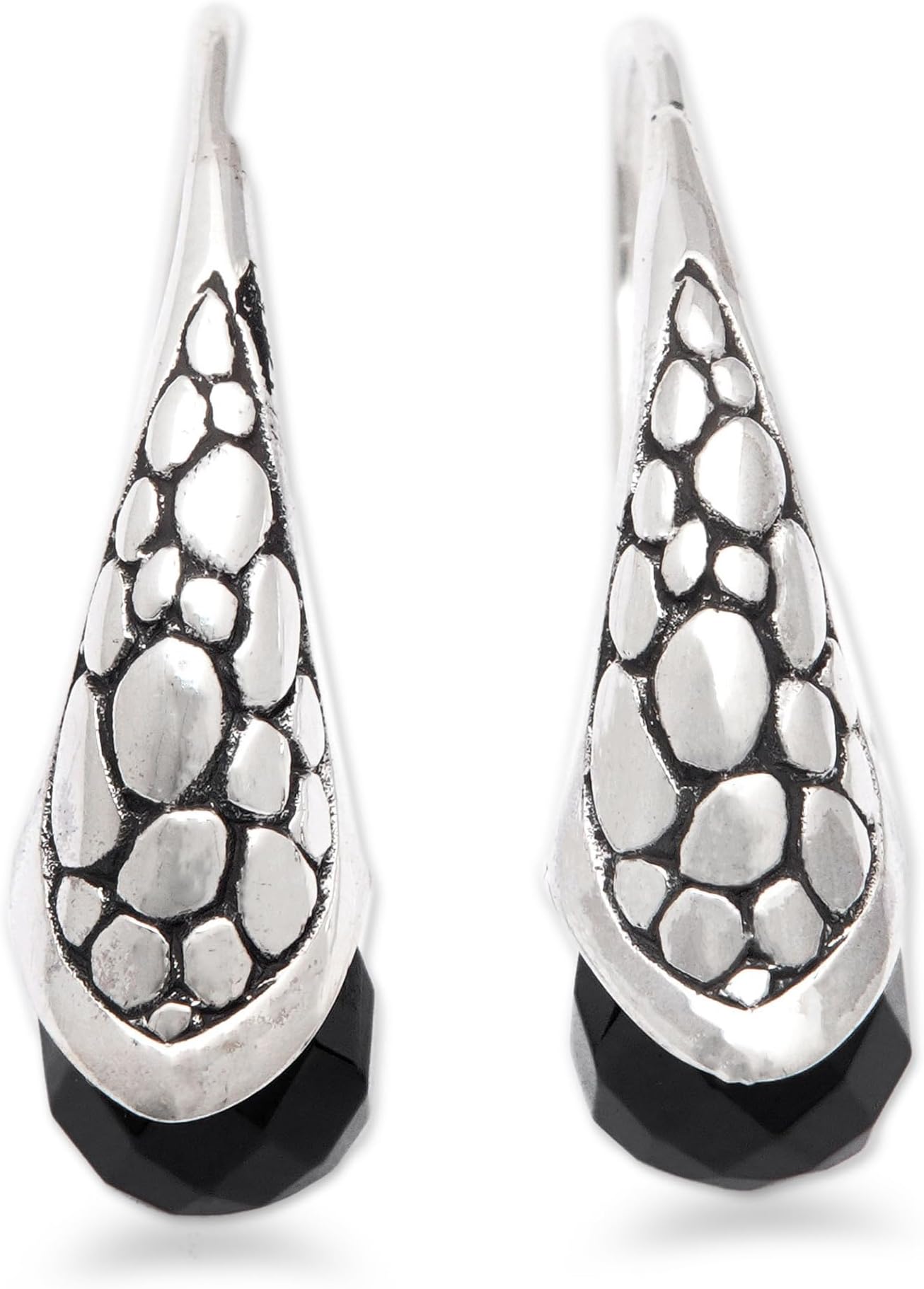 Artisan Handcrafted Black Onyx Drop Earrings in Sterling Silver | Chalcedony and Black Agate Stone | French Wire | Indonesia Tone | Black Birthstone | 1" L x 0.3" W x 0.3" D | 'Midnight Spell'
