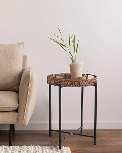 Miniatura 2 de Mesa auxiliar redonda de ratán de 16.5 pulgadas con parte superior de madera, mesa auxiliar de mimbre pequeña, uso en interiores y exteriores