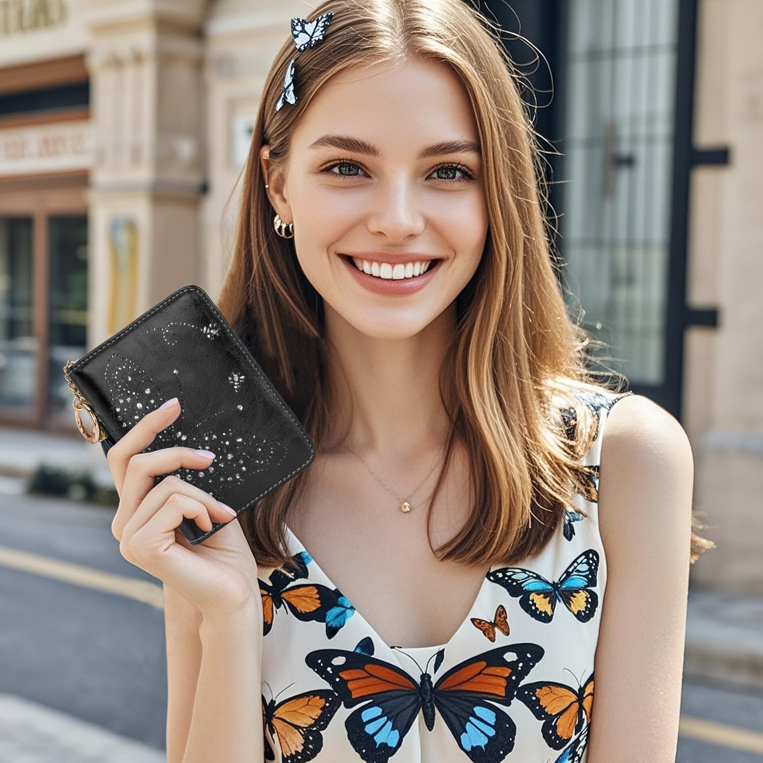 Women RFID Blocking Small Bifold Wallet, Compact Cash Clutch with Zipper Coin Pocket, Glittery Butterfly Design, Credit Card Holder, Travel Purse with Tassel BLACK - Image 2