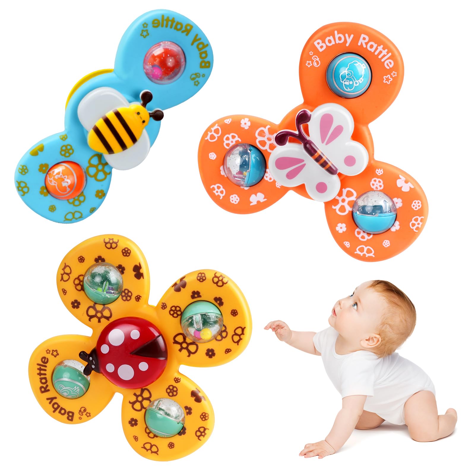 Baby Suction Cup Spinner Toy, 3 Pcs Table Suction Cup Spinner Hand Spinner Bath Toy with Animated Themes Water Toy Sensory Toy for 1-6 Years Old Babies