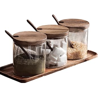 Spice Jars Set of 3 8.5 oz/250 ml Glass Spice Containers with Bamboo Lid Spoon and Tray Spice Jars Kitchen Containers Can Store Salt Spices and Sugar for Kitchen and Dining Table