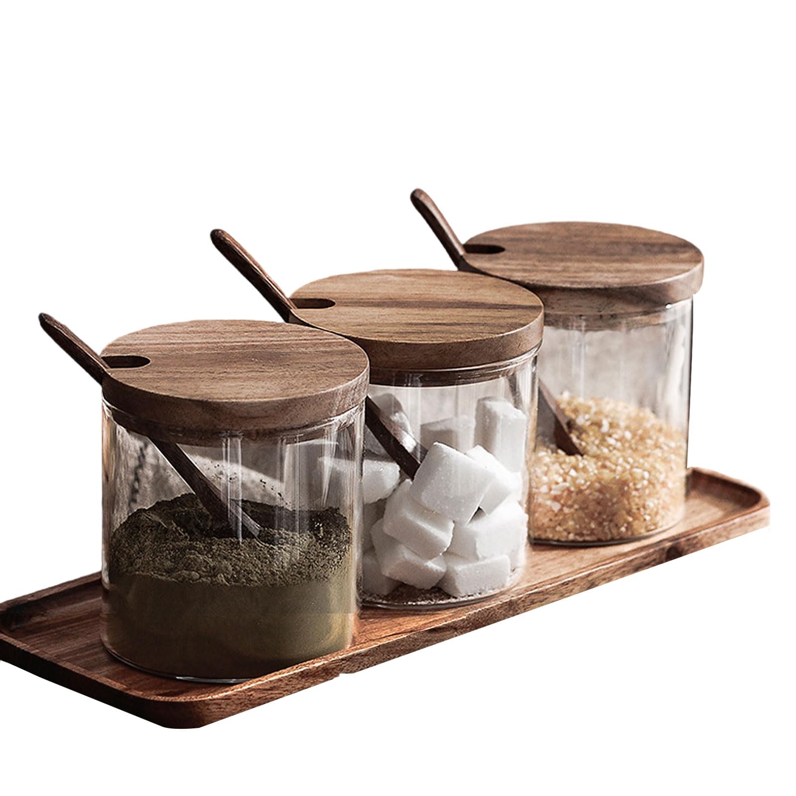 Lot de 3 pots à épices en verre de 250 ml avec couvercle en bambou, cuillère et plateau, boîtes à épices de cuisine pouvant contenir du sel, des épices et du sucre pour la cuisine et la table