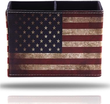 American Flag Desk Organizer, PU Leather Retro Vintage Cool Supplies, Patriotic Decor Pen Pencil Holder Office Home Accessories USA Flag