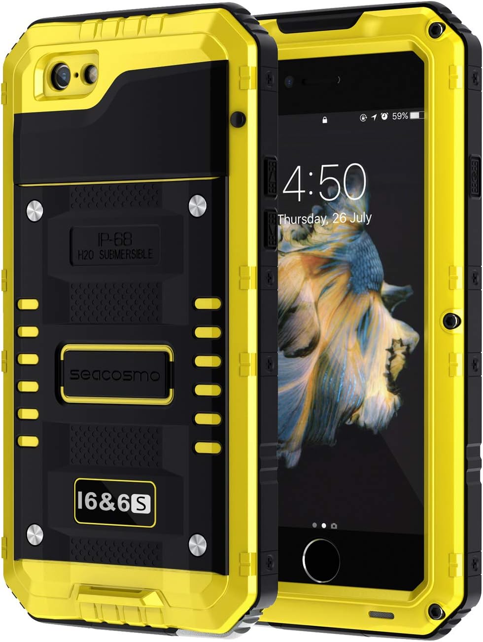 seacosmo for iPhone 6/6S Case, Military Grade IP68 Waterproof Shockproof Full Body Sealed Underwater Case with Built-in Screen Protector Heavy Duty Metal Rugged Case for iPhone 6/6S, Yellow