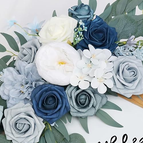 Miniatura 7 de Emivery Paquete de 2 guirnaldas de flores de color azul polvoriento, arco de boda artificial, arreglos florales de esquina de seda, letrero de