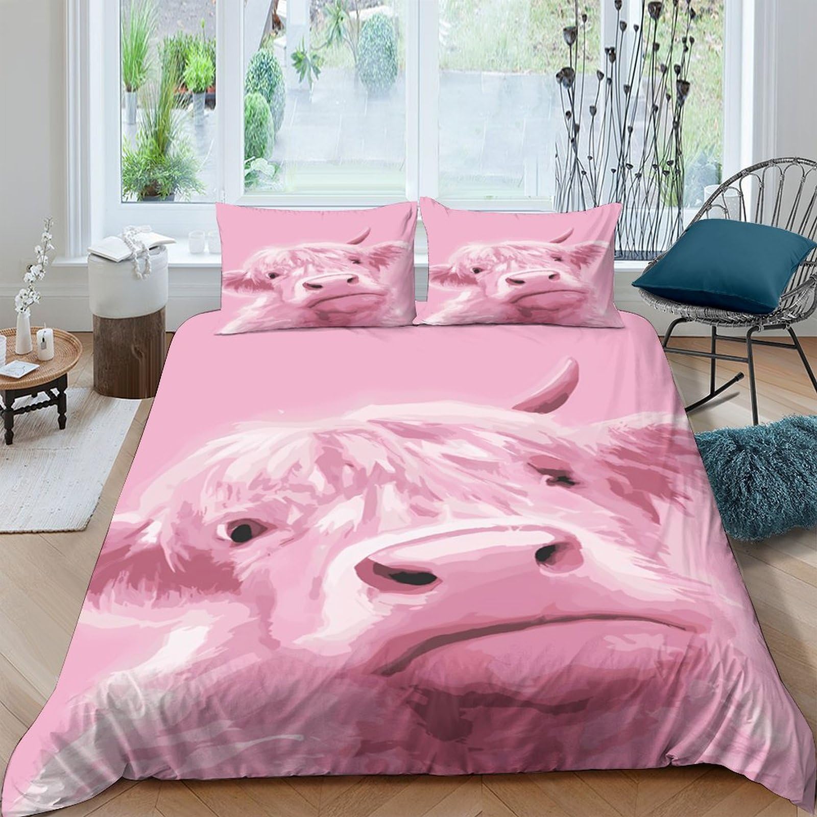 Ctjqhvkz Style-2 3D Printed Pink Highland Cow Fitted Sheet Microfiber Soft Bedroom Decor Animal Pattern Mattress Cover Single（135X200cm）