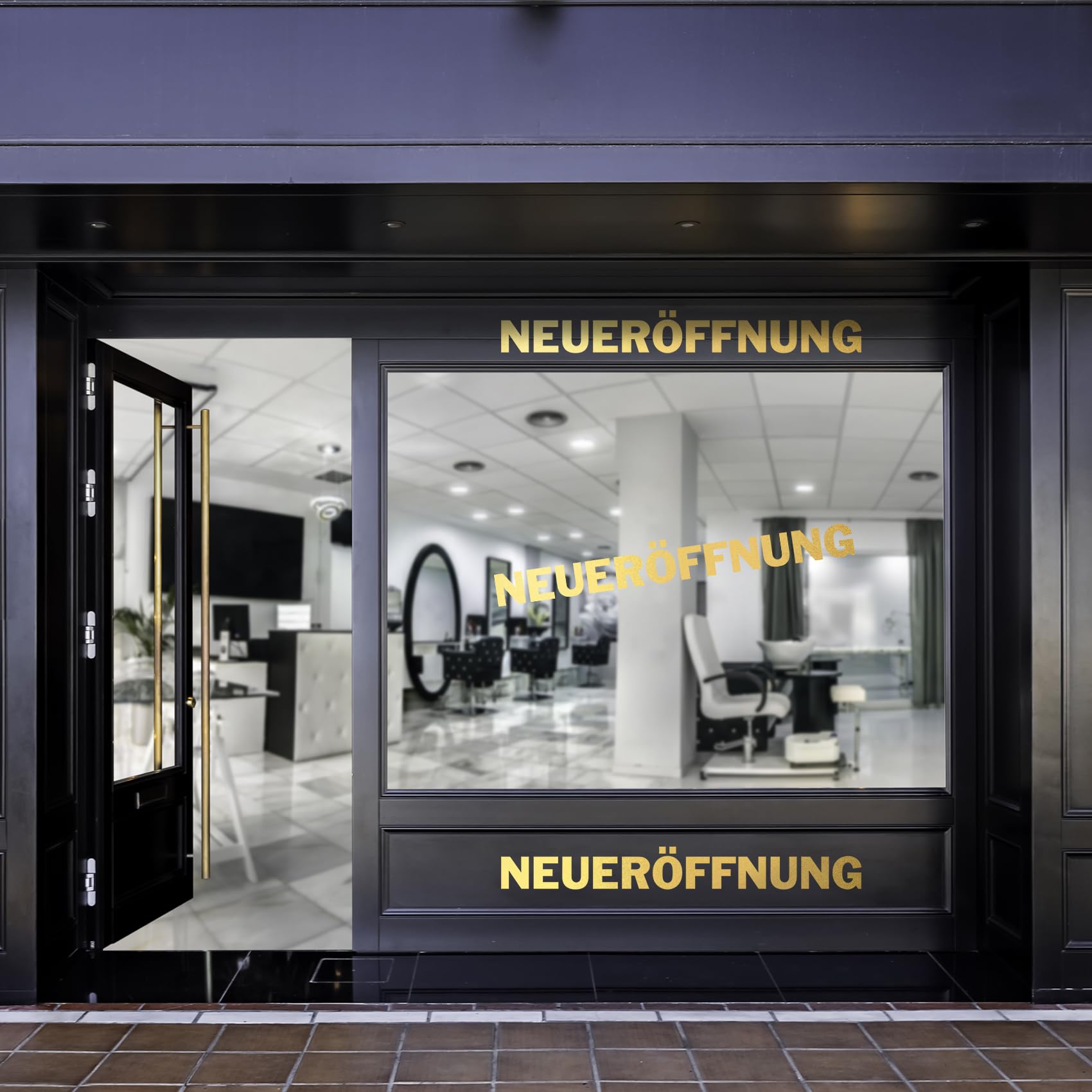 Finest Folia 4X Neueröffnung Schriftzug Set Aufkleber für Schaufenster Laden Geschäft Fenster Sticker Werbung selbstklebend wetterfest KX046 (Motiv 01, Gold Metallic)