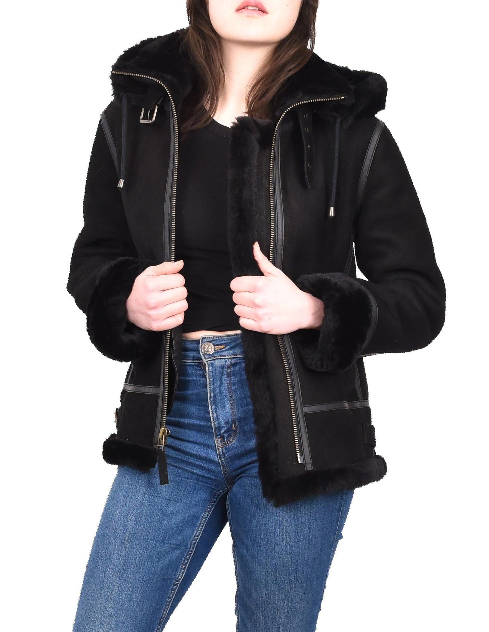Divergent Retail Women's Original Sheepskin Detachable Hoodie B3 Jacket ww1 ww2 Aviator Pilot Black Berthe (UK, Numeric, 10, Regular, Regular, Black)