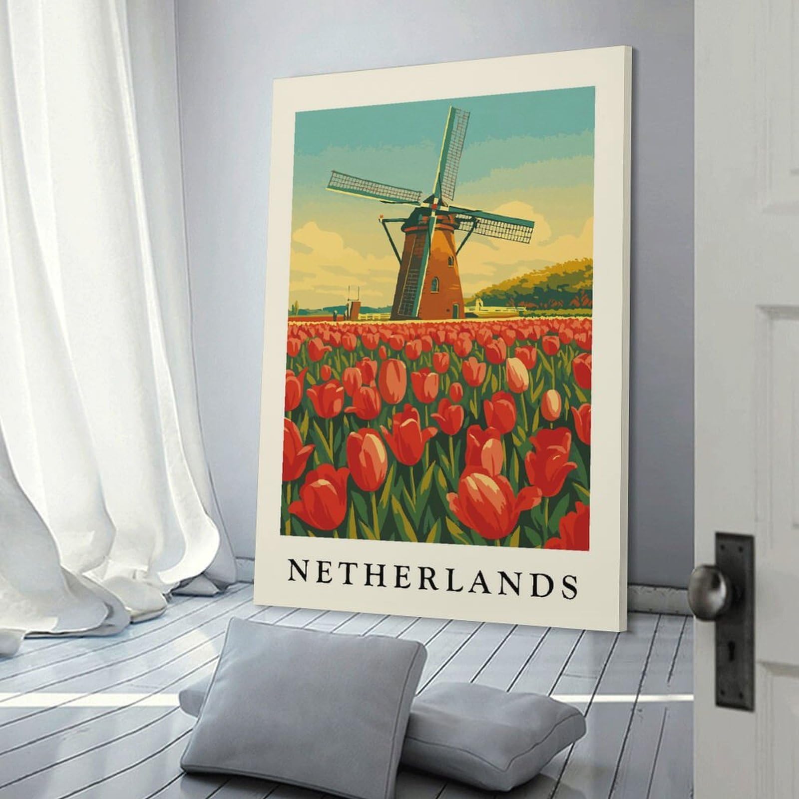 Junmoney Frame-Style-2 Wall Art Print Netherlands Windmill And Tulips Illustration, 20X30inch(50X75cm), For Living Room, Bedroom Or Home Office, Thoughtful Wall Decor For Art Lovers