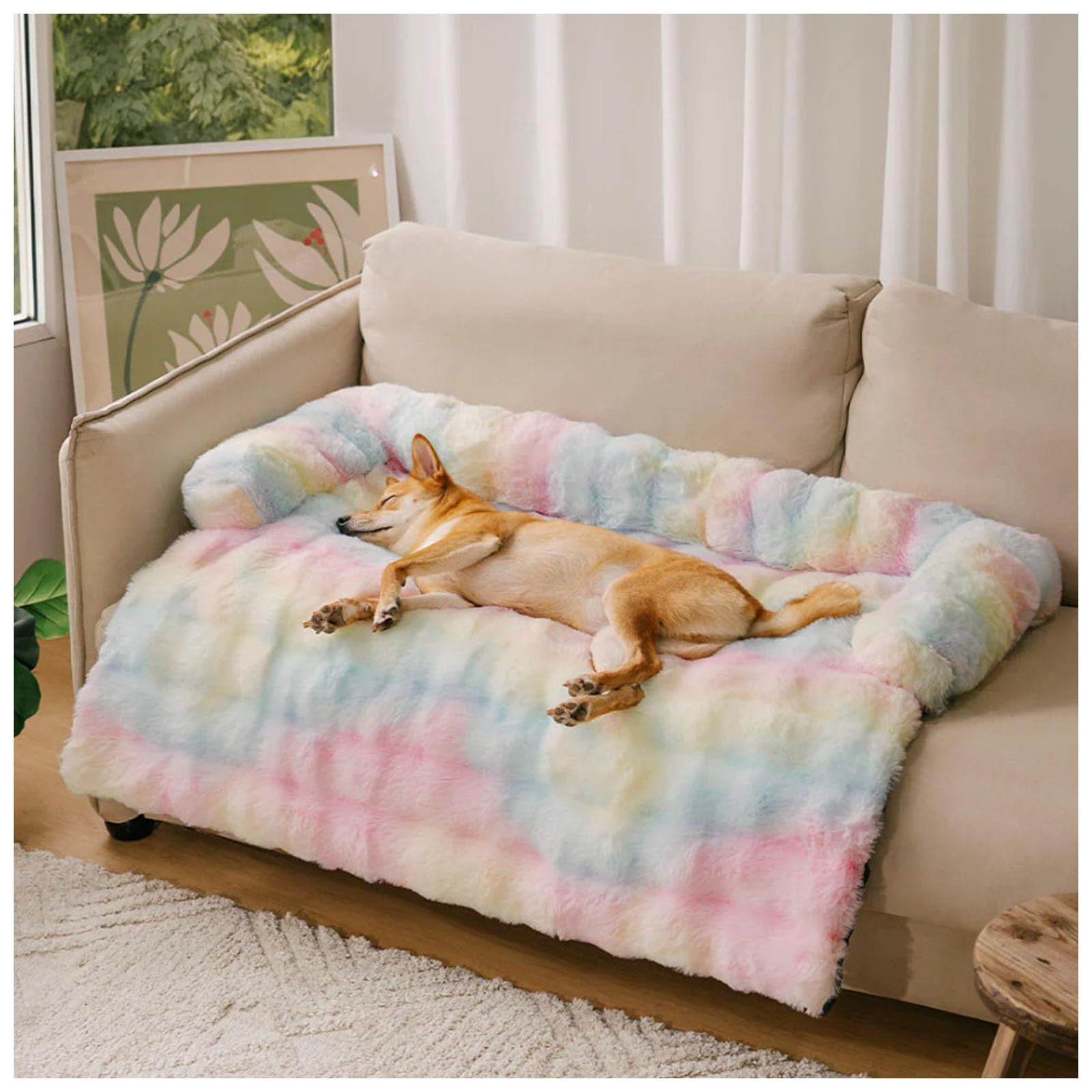APMOE Dog Bed for Couch, Calming Dog Sofa Bed Mat Washable, Fluffy Fuzzy Dog Mat for Sofa Protector, Dog Bed Mat With Pillows(Pink,M)