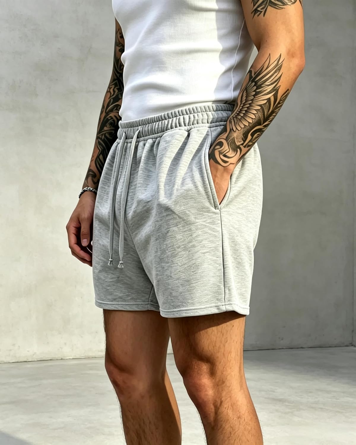 Mens Straight Sweat Shorts Above the Knee, Banded Hem Casual Gym Shorts with External Drawstring Waist (5" Inseam) image 5