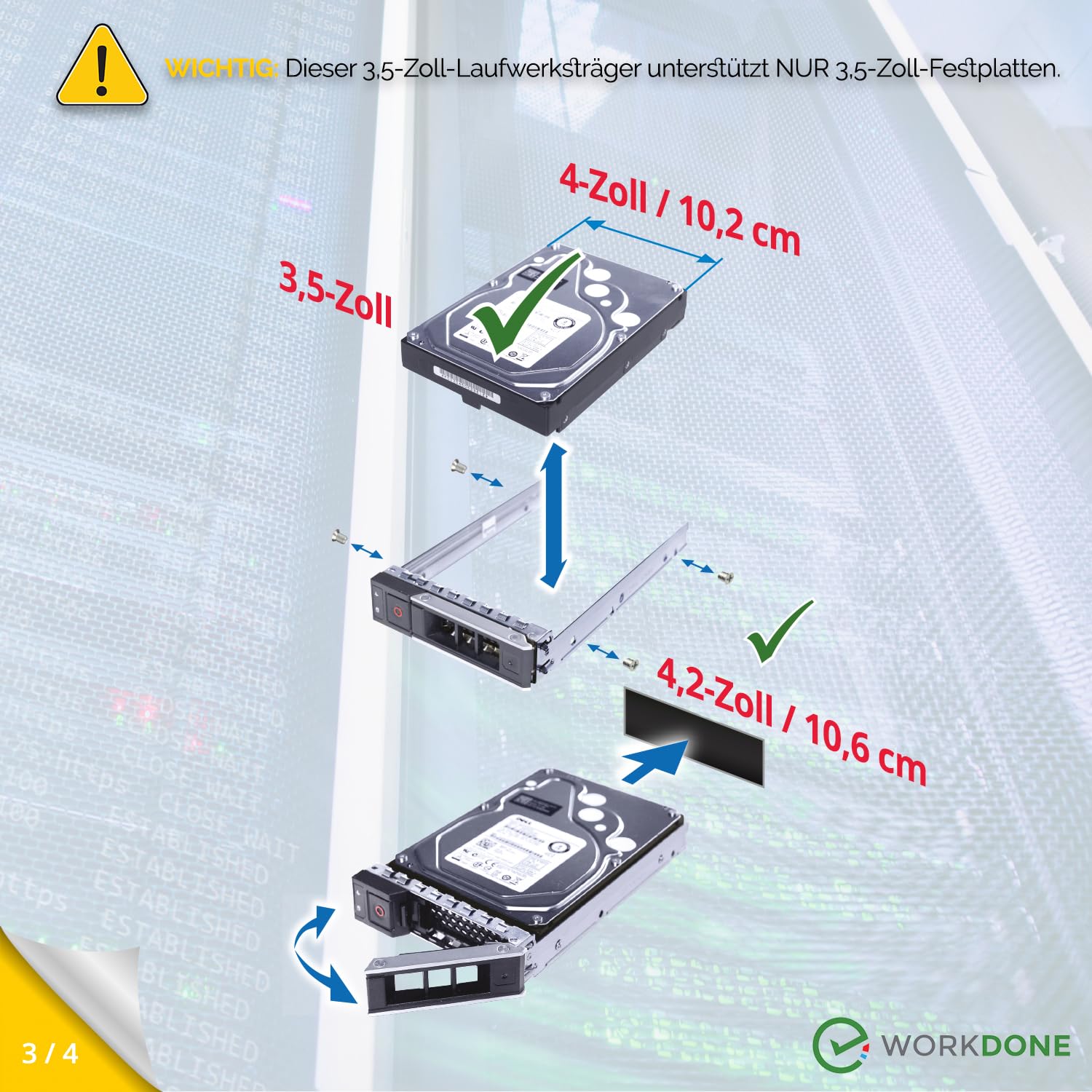 WorkDone 4er Pack - 3,5-Zoll Festplatten-Caddy - Kompatibel für Dell PowerEdge Server - Mit ausführlichem Installationshandbuch - Aufkleber für Vorderseite – Schraubendreher