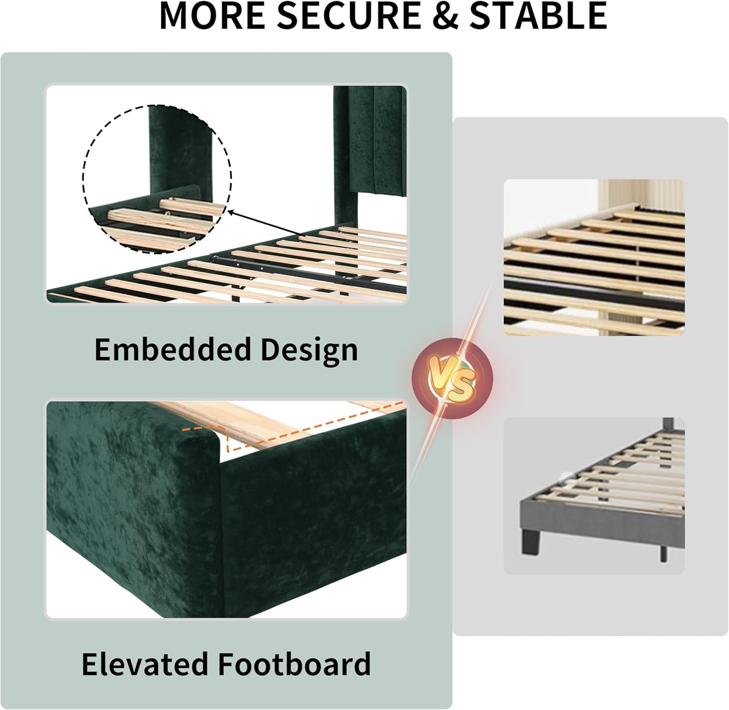 King Bed Frame with Headboard, Platform Bed Frame with Velvet Vertical Channel Tufted Wingback, Wooden Slat, No Box Spring Needed, Easy Assembly, Upholstered Mattress Foundation, Ink Green