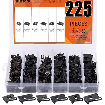 225 Pcs 6 Size SAE U-nut Clip Assortment Auto Car Speed Nuts Fastener with Store Box for Dash Door Panel Interior