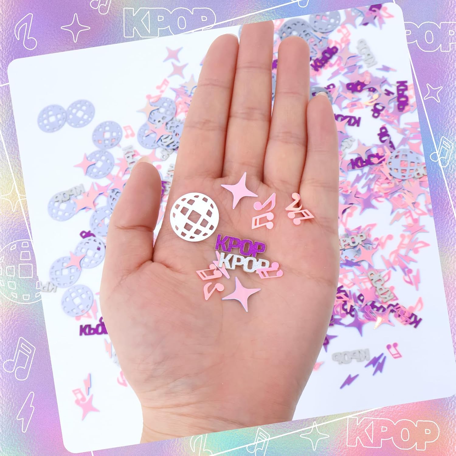 580PCS Kpop Confetti, Glitter Laser K-Pop Party Confetti with Music Note Microphone Disco Ball Design, Kpop Themed Party Decorations for Birthday Concert Fan Meetup Table Wall Balloon Decor