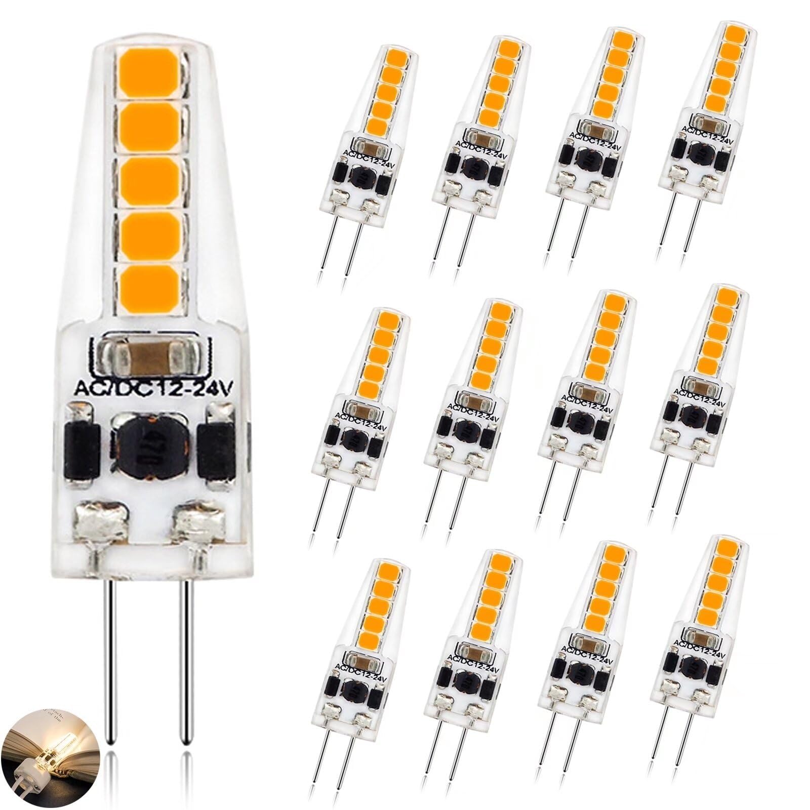 Żarówka LED G4 12V Możliwość ściemniania 2W ekwiwalent 20 W halogenowa oprawka AC / DC G4 dwubiegunowe lampy LED IRC 80+ bez migotania 200 lumenów [klasa energetyczna A] (ciepła biel 3000 K, 12pack)