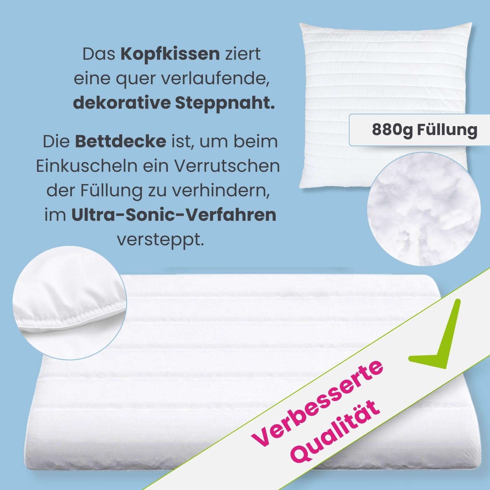 wometo 2er Bettenset - 2X Bettdecke 155x220 inkl. 2X Kissen 80x80 Oeko-TEX | Ganzjahres Steppdecke mit Kopfkissen versteppt, Made in EU (4-teilig)