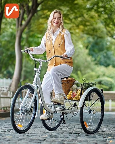 Miniatura 5 de Viribus Triciclo para adultos, triciclo de 7 velocidades para adultos con doble cadena, triciclos para adultos para mujeres, hombres y personas