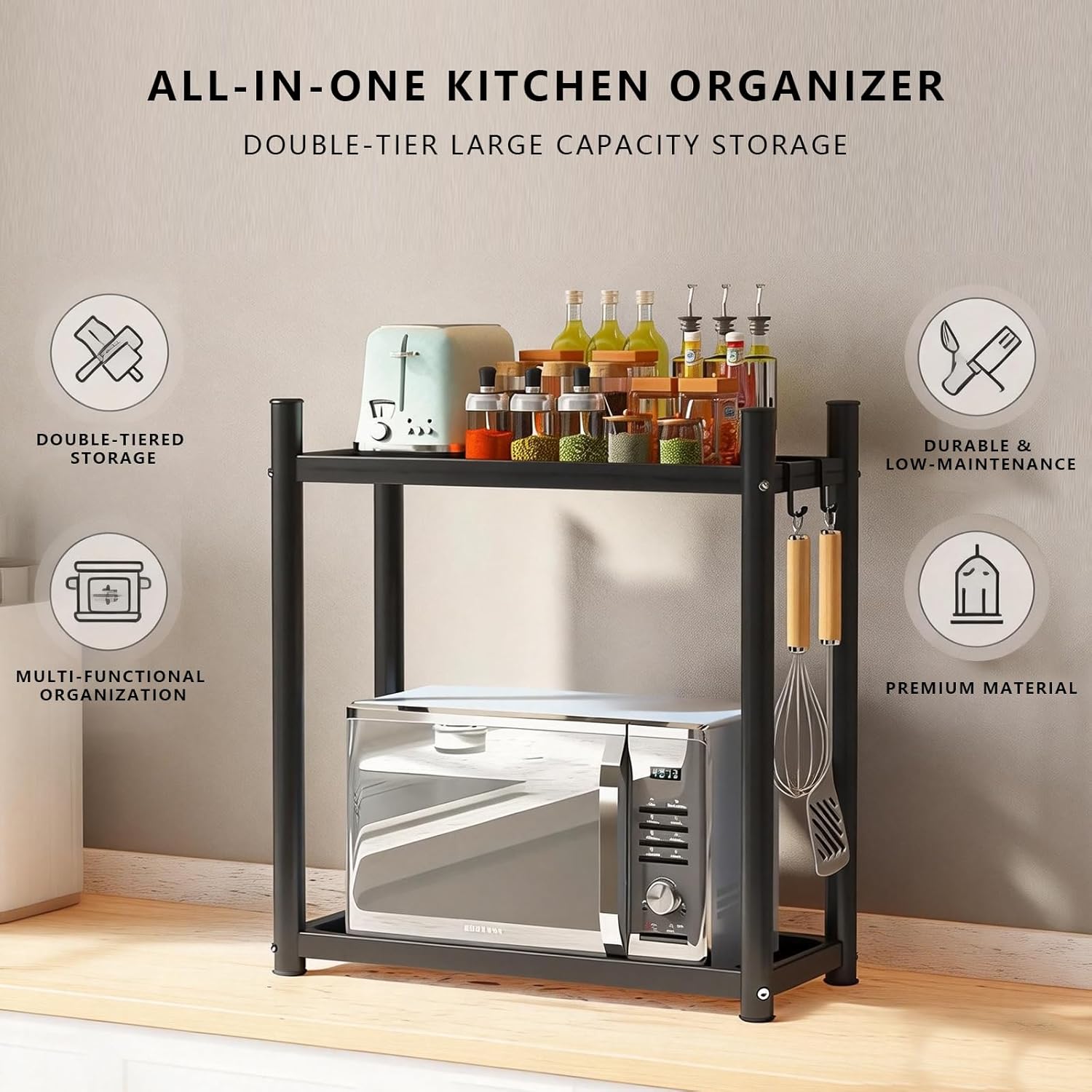 2-Tier Black Kitchen Organizer Shelf, Heavy Duty Carbon Steel Countertop Spice Rack with Hooks, for Microwave, Oven, Toaster, Utensils Storage – Non-Slip Raised Edge Design (ZWJ- Black2)
