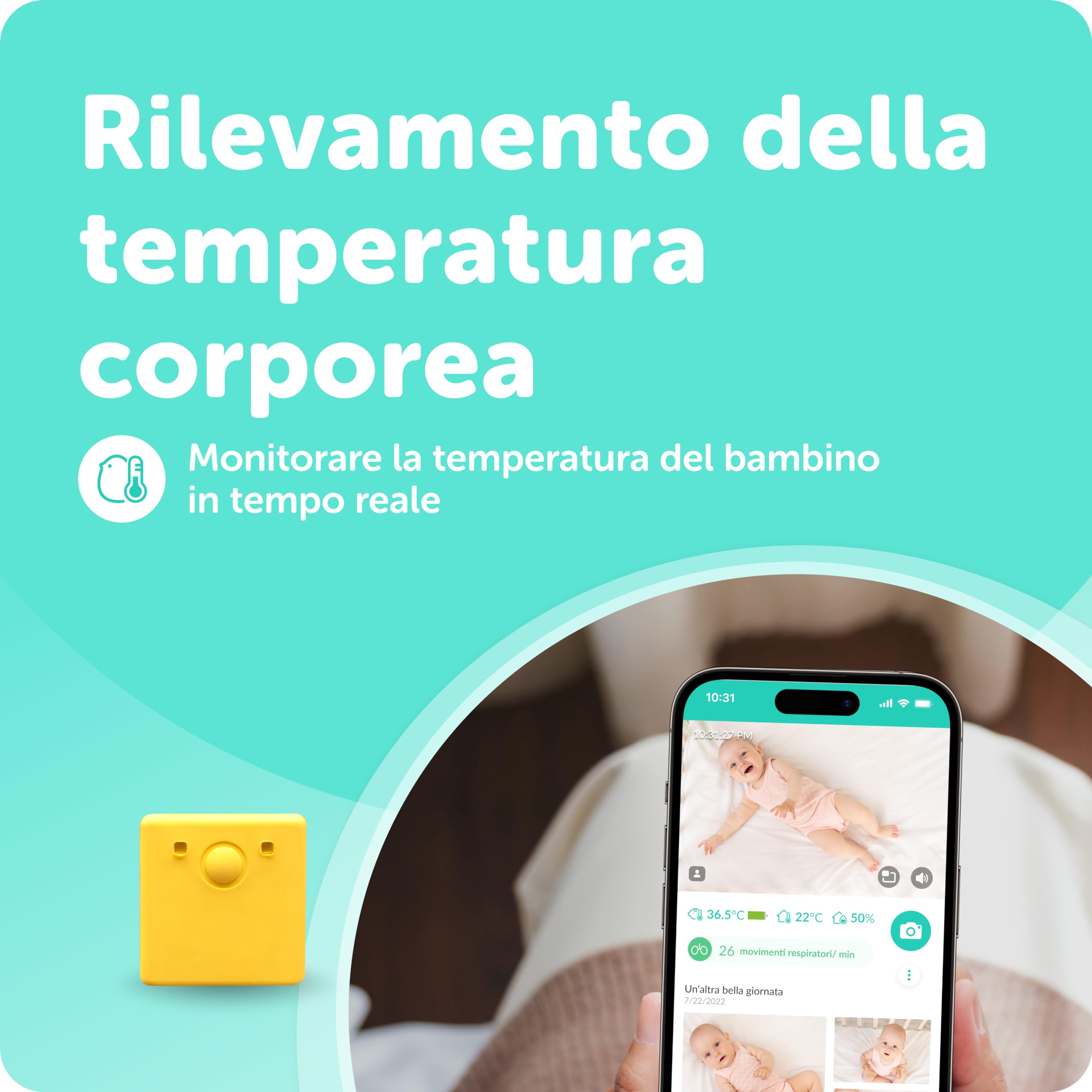 Temperatura intelligente CuboAi | Sensore termico di grado medico per monitorare continuamente la temperatura del bambino | Termometro ascellare indossabile | Deve essere abbinato Baby Monitor CuboAi