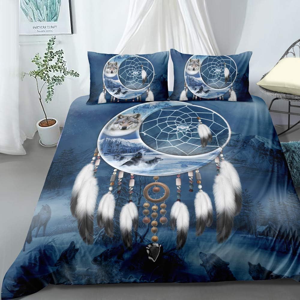 Zhh 3D Dream Catcher Duvet Cover Queen 3Pcs Bohemia Feather Printing Bedding Set Durable Soft Bedding Cover with Corner Belts, Boys Teens Modern Art Bedroom Decor