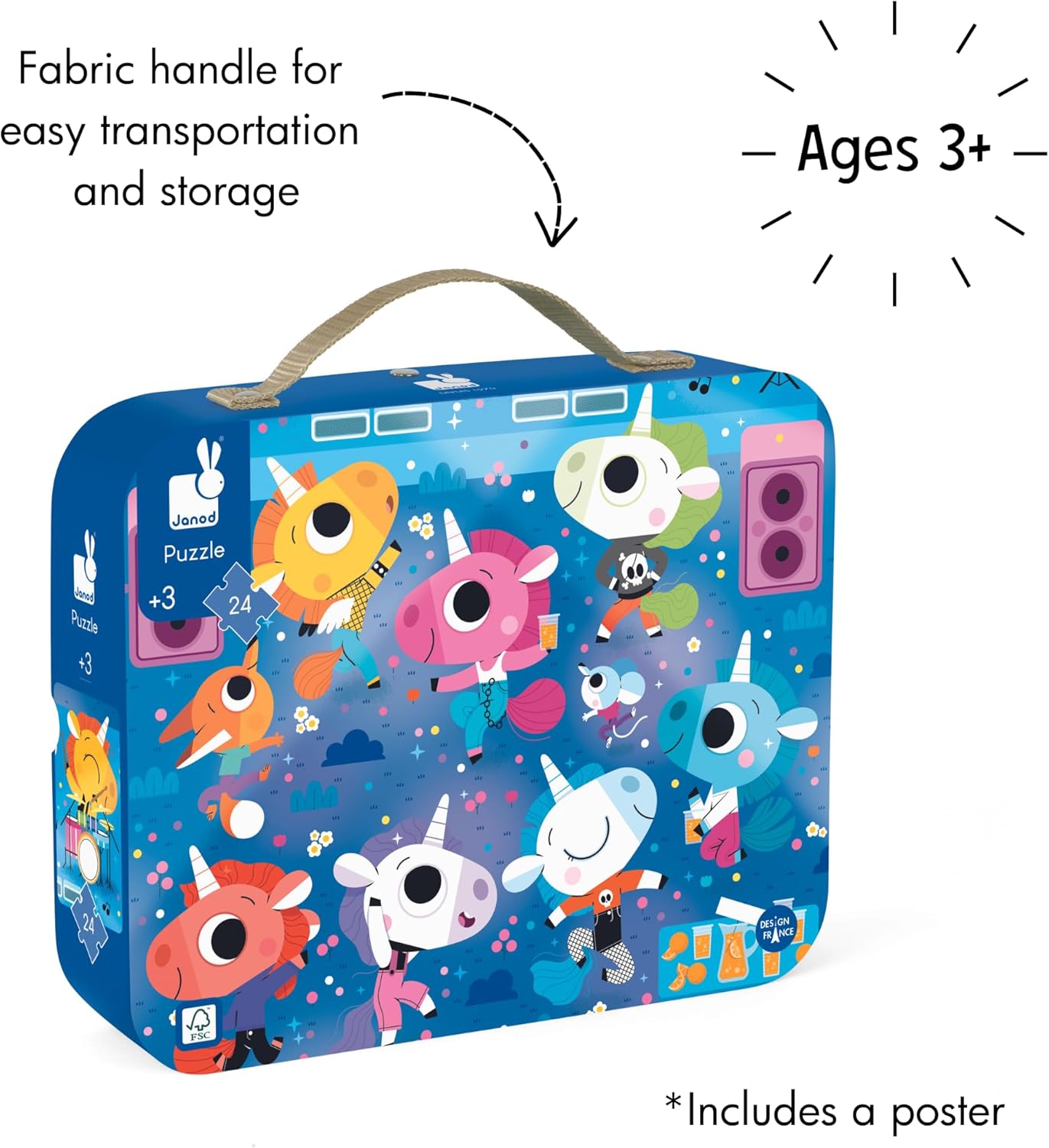 Janod - 24 Pieces Children’s Jigsaw Puzzle - Unicorn Rock Concert - Birthday Gift - Durable Cardboard Pieces - Promotes Motor Skills and Reduces Anxiety - Portable Carrying Case - J02556