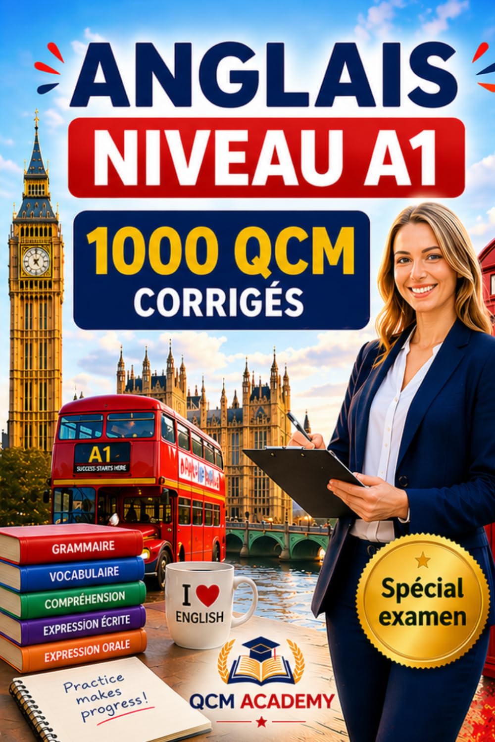 Anglais Niveau A1: 1 000 QCM corrigés | Cahier d'entraînement pour apprendre l'anglais en autonomie | Vocabulaire, grammaire, conjugaison, orthographe | CECRL