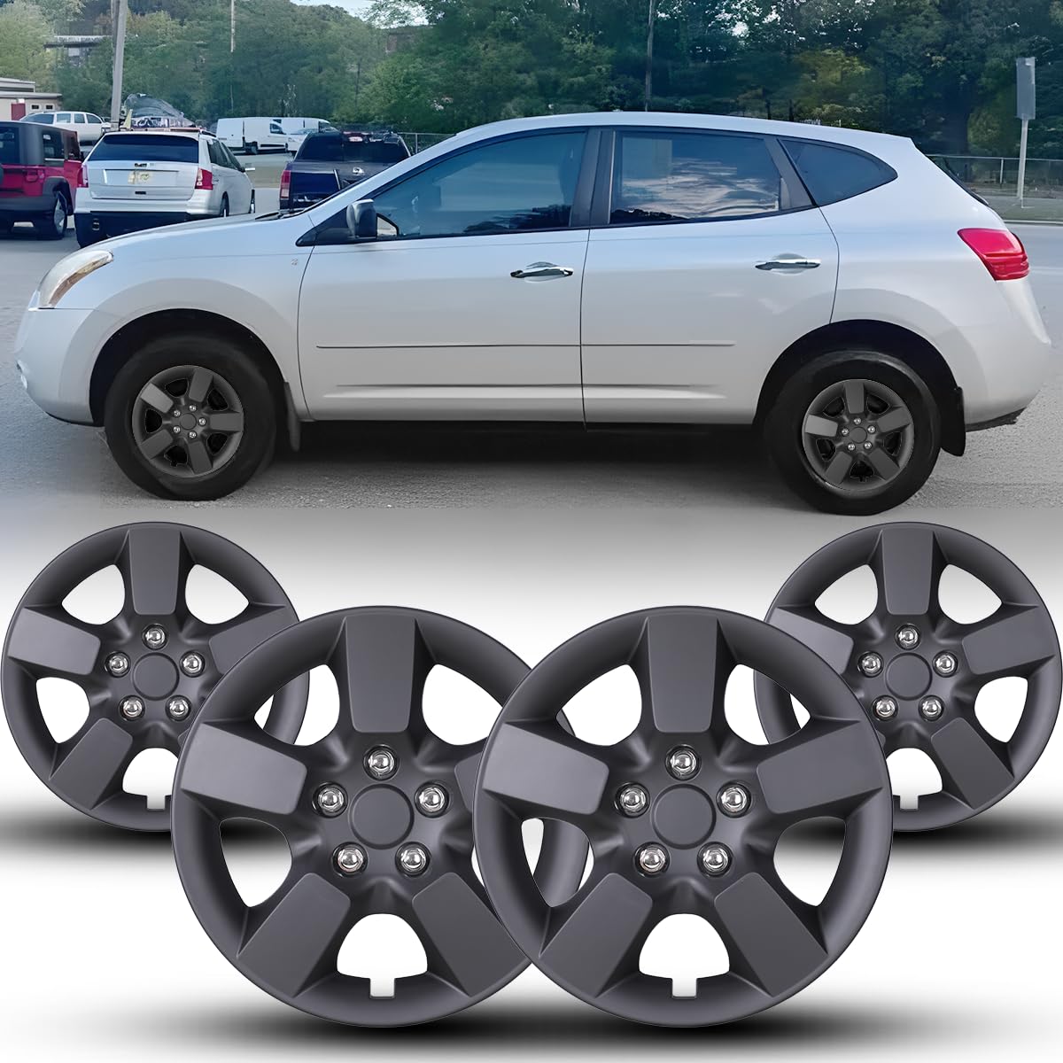 Winjet Hubcaps 16 Inch Compatible with Nissan Rogue 2008-2015 Wheel Covers [2008 2009 2010 2011 2012 2013 2014 2015 Nissan Rogue] Wheel Rim Covers (16 Inch Set of 4, Black Matte)