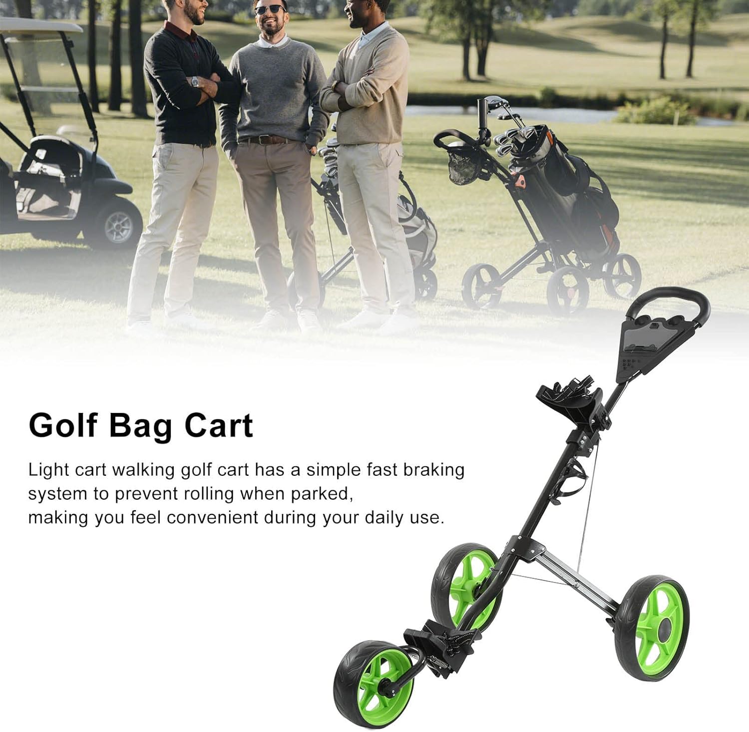 3 Wheel Golf Push Cart, Lightweight Foldable Collapsible Golf Push Cart, Golf Trolley with Foot Brake, with scorecards and Cup Holder which are Available, Golf Push Cart Pull Caddy 3 Wheel for Ba
