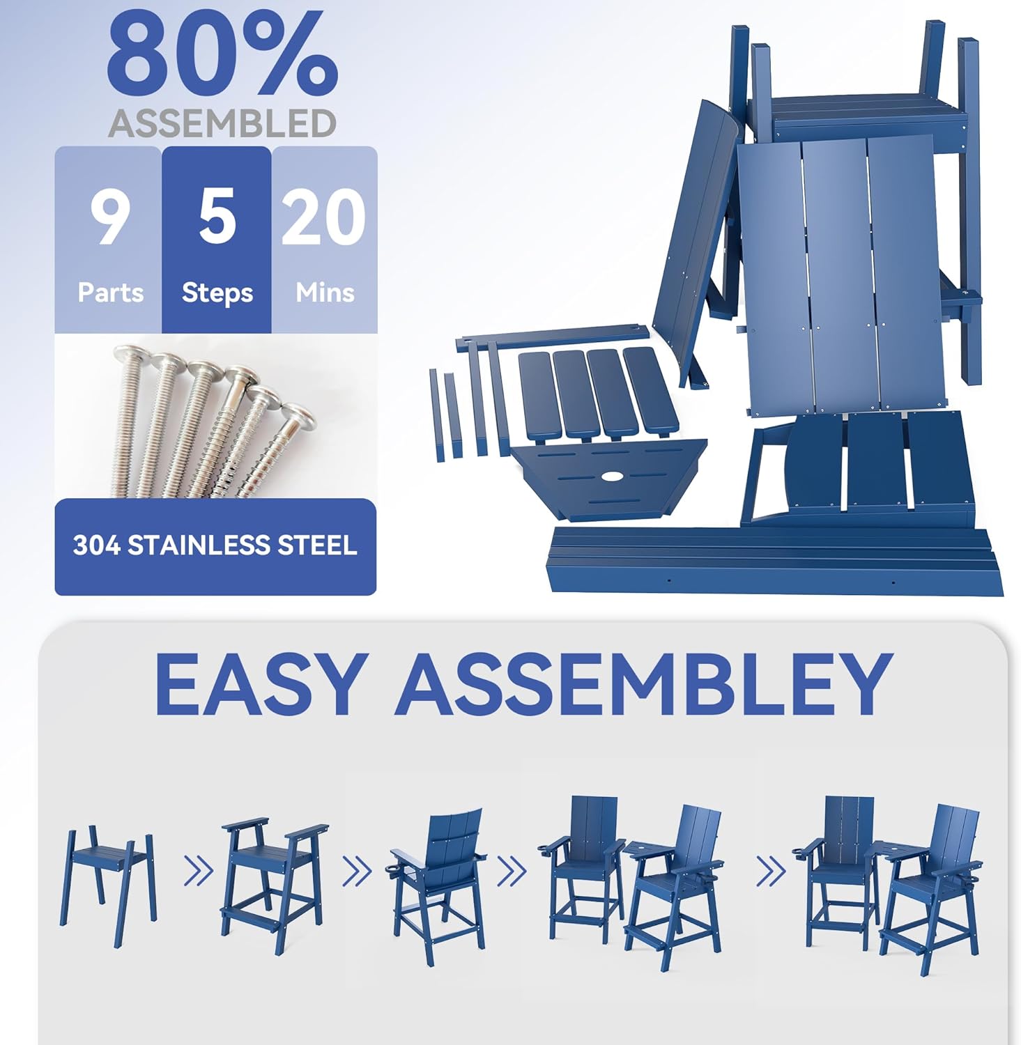 FOOWIN Tall Adirondack Chairs Set of 2,HDPE Adirondack Bar Stools with Connecting Tray & Cup Holders,Weather Resistant Balcony Chair for Outdoor Deck Lawn Pool Backyard Navy Blue