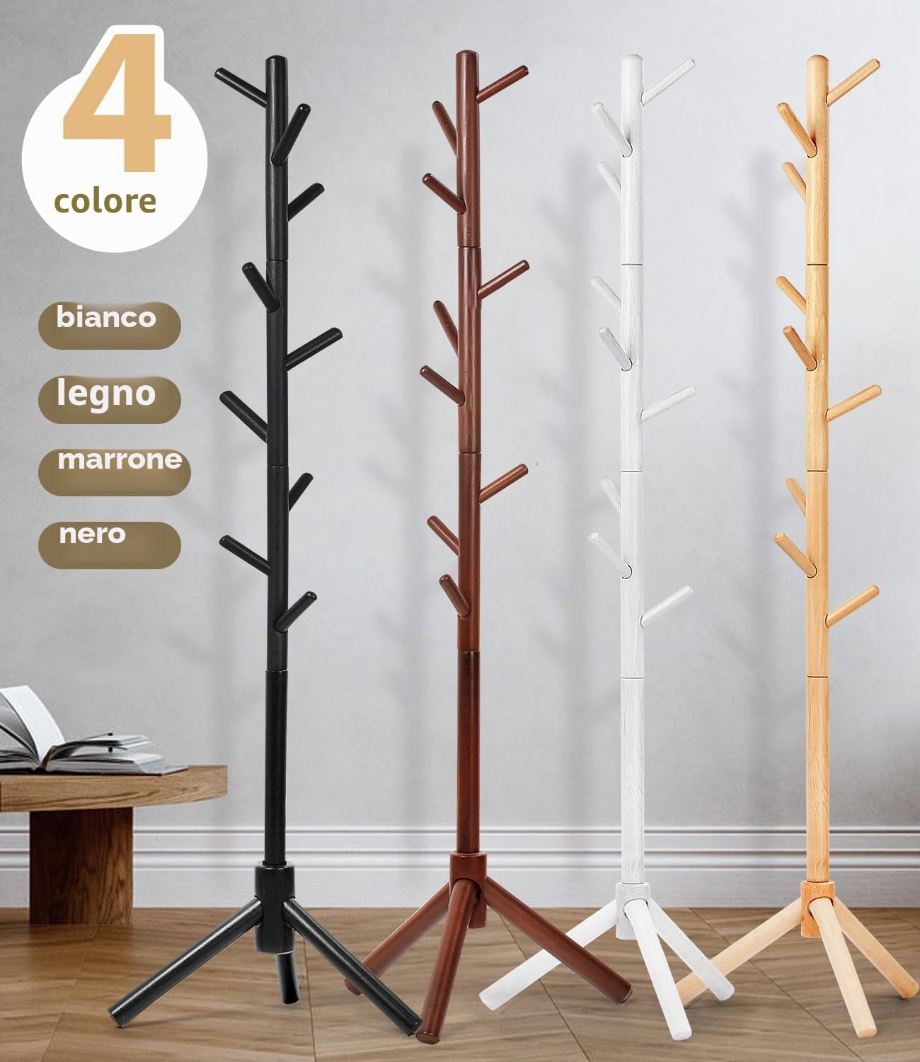 Appendiabiti in legno di faggio, supporto per giacche, appendiabiti, a forma di albero con 9 ganci, 3 regolazioni di altezza, supporto per vestiti, cappelli, sciarpe, borse (marrone)