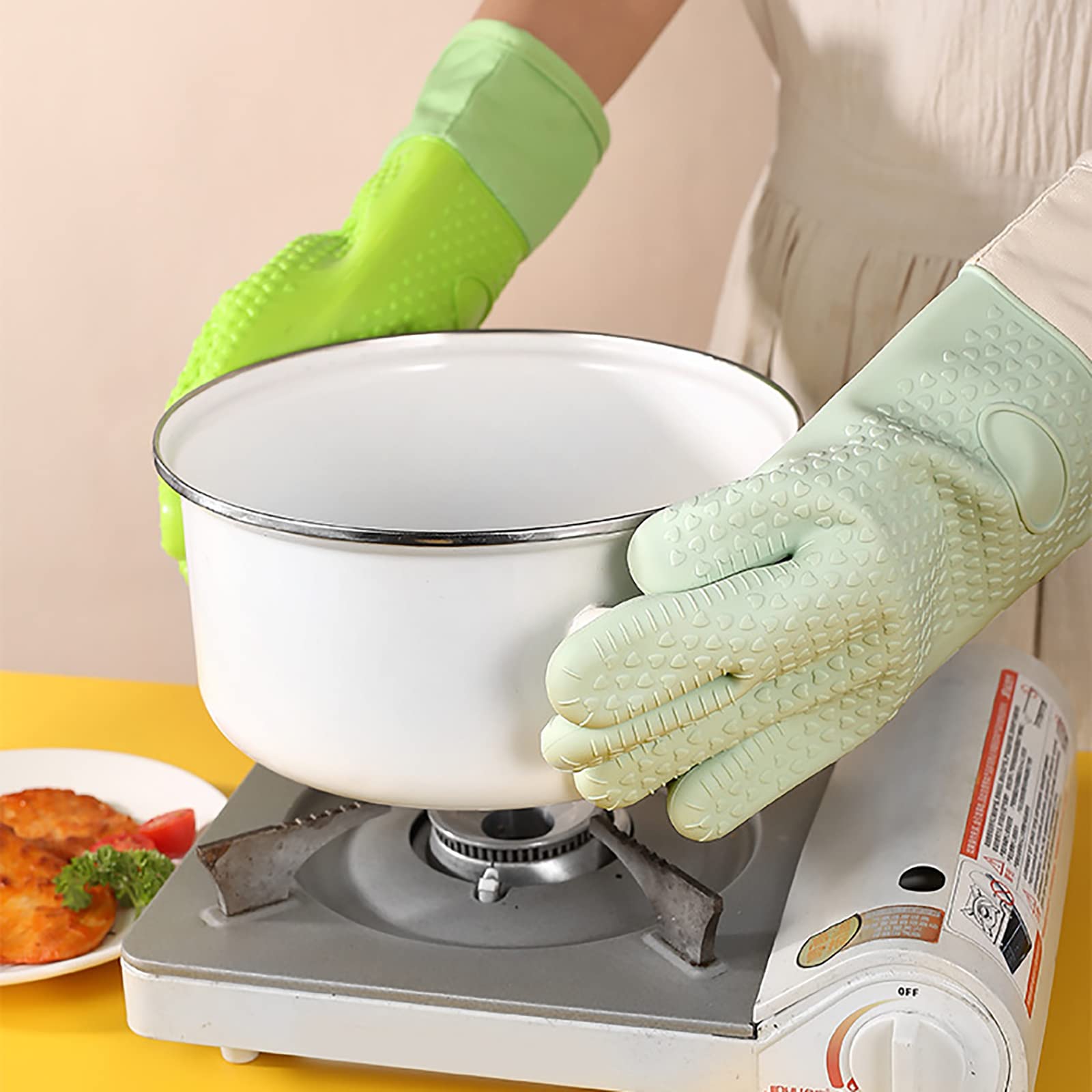 Guantes de silicona para barbacoa, guantes largos de horno de cocina con capa interior de algodón para barbacoa, cocinar, hornear, ahumador, verde, una pieza de