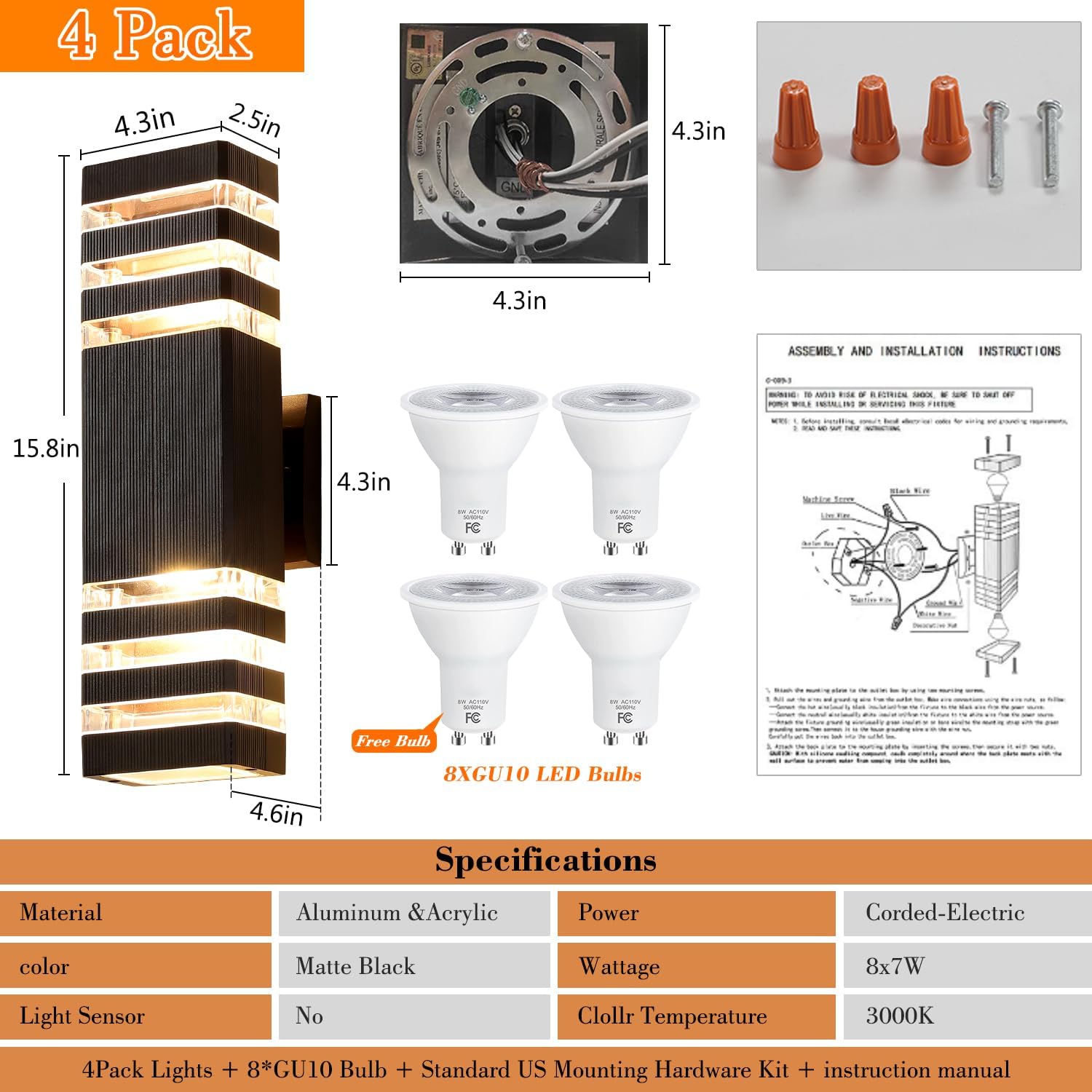 4 Pack Square Up and Down Lights Outdoor Light Fixture,14W IP65 3000K 1100LM Warm White,Porch Lights Outdoor, Aluminum Outdoor Sconce Lights,Exterior Lights for House Porch Garage