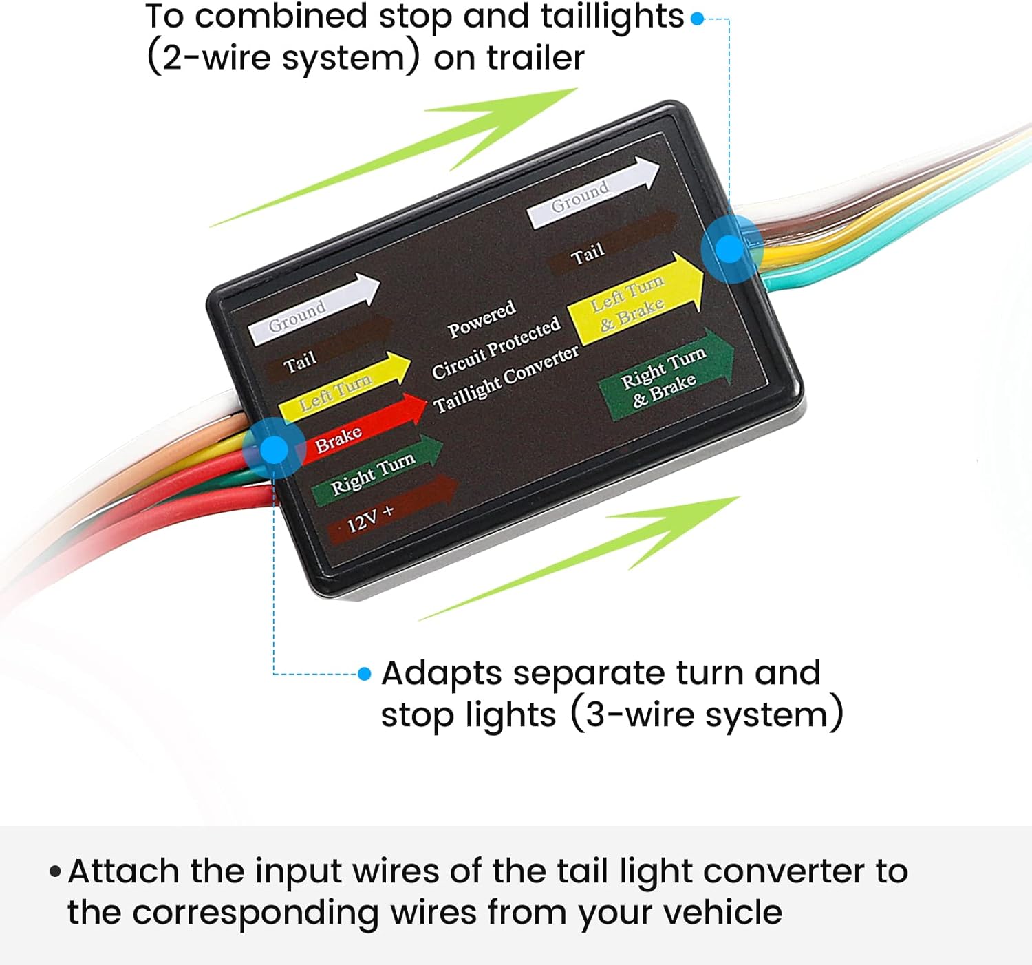 MECMO Multi-Function LED Compatible Powered 3-to-2-Wire Splice-in Tail Light Converter Harness 56236, Convert Separate Turn and Stop Lights to Standard 2-Wire Trailer Light Wiring, 4-Way Flat Harness