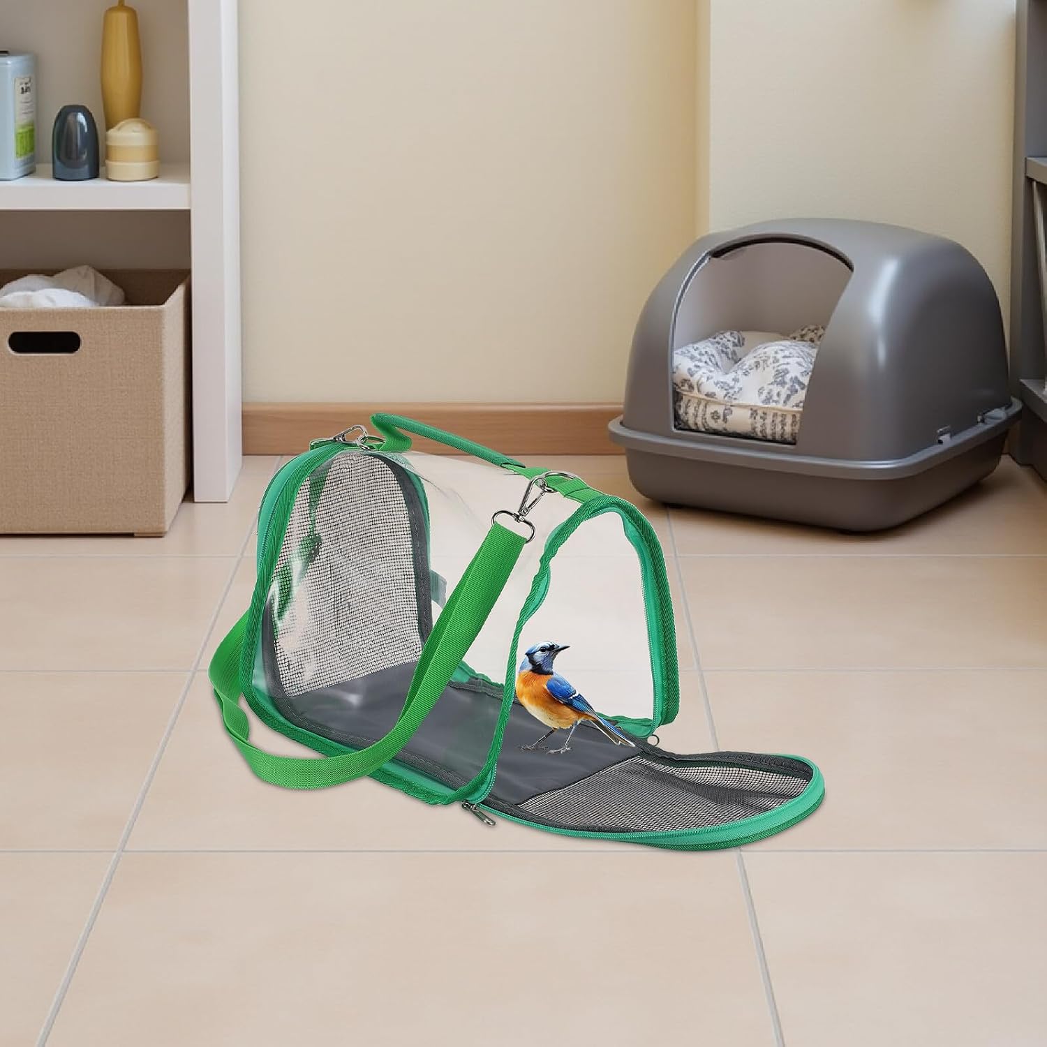 Portable Small Bird Travel Cage for Parakeet and Budgie, Lightweight Green Parrot Travel Carrier with Strap and Handle for Outdoor Trips and Hiking