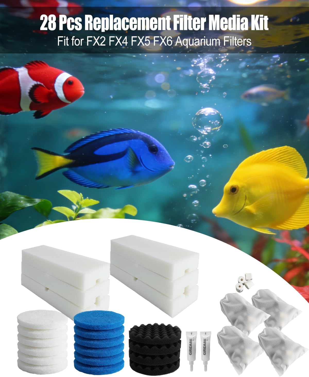 28 Pcs Replacement Filter Media Kit Fit for FX2 FX4 FX5 FX6 Aquarium Filters, Includes 6 Carbon Foam Pad, 4 Bio-Foam Pads, 6 Foam Block, 6 Water Polishing Pad, 2 Silicone Lube, 4 Media Bag