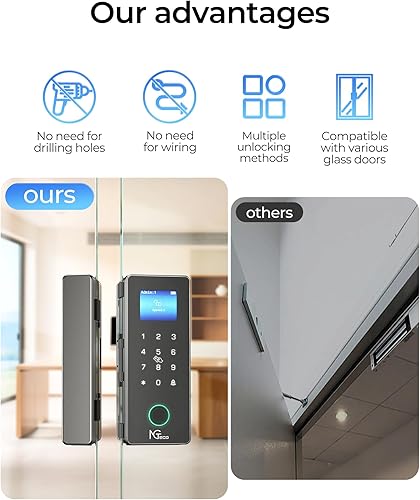 Miniatura 4 de NGTeco Cerraduras de puerta de vidrio inteligentes, 5 formas de desbloqueo sin llave, control remoto, huella digital, tarjeta IC, contraseña,